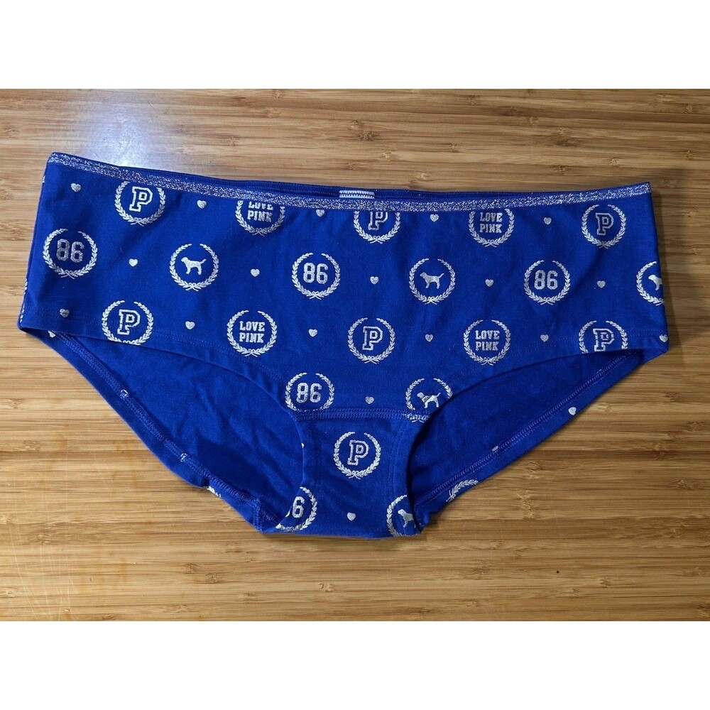 Vtg Victoria's Secret 2006 PINK Low Rise Hipster Panty Blue Foil Graphic Sz M